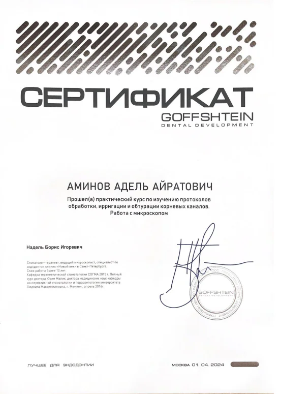Сертификат Аделя Аминова по обработке и обтурации корневых каналов