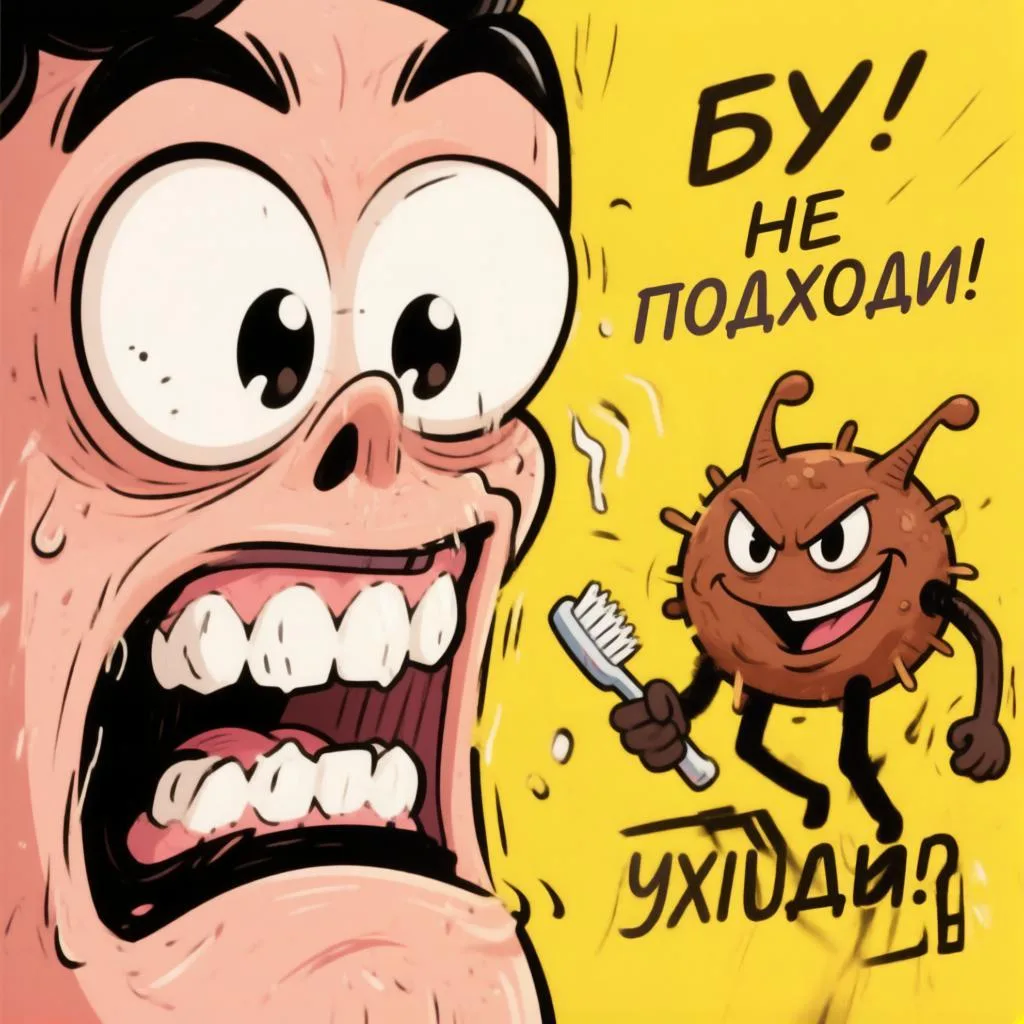 Иллюстрация микроба с зубной щеткой возле открытого рта