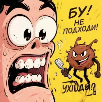 Иллюстрация микроба с зубной щеткой возле открытого рта